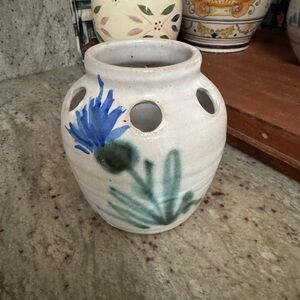 Handcrafted Ceramic Vase with Blue Thistle Design